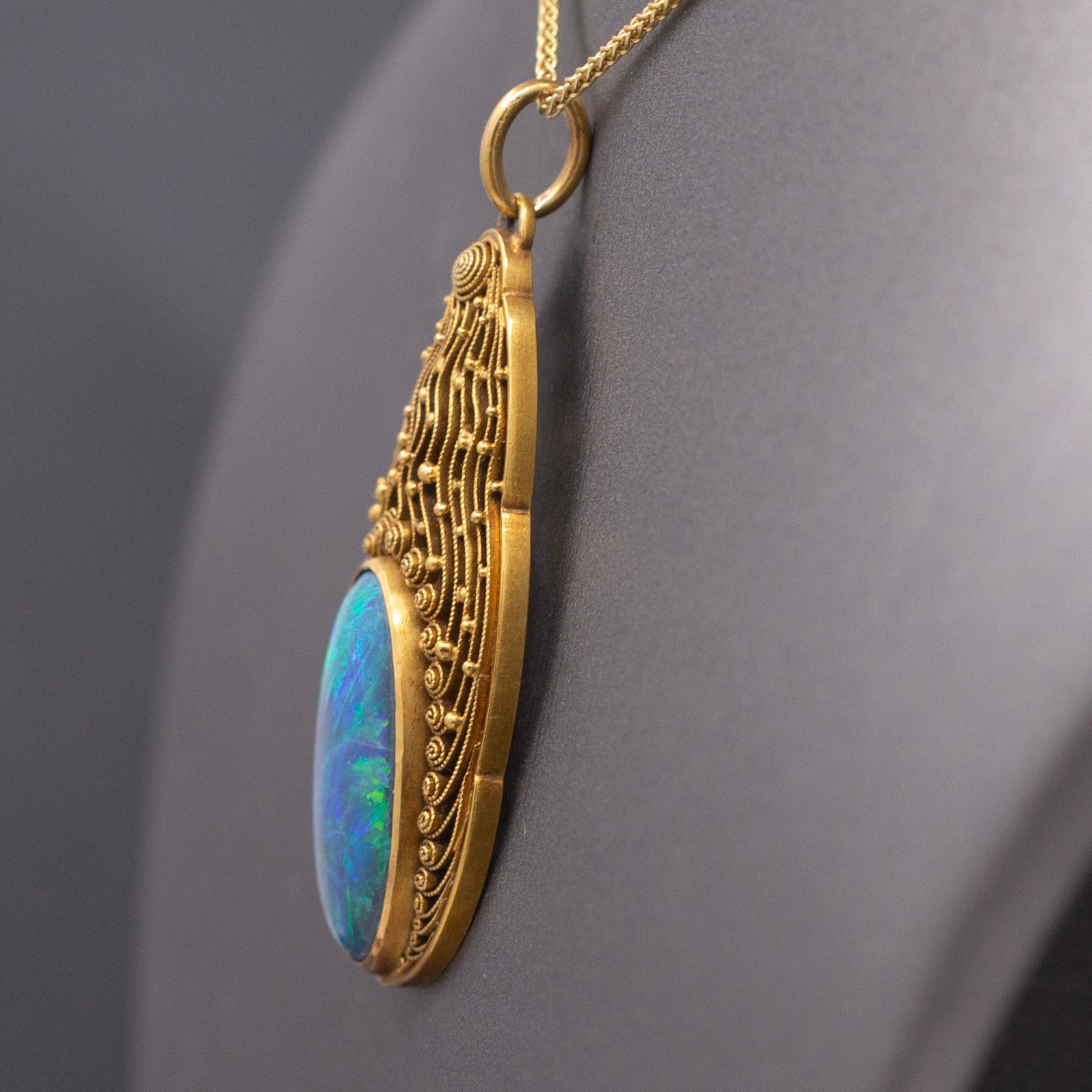 Antique Art Nouveau Lightning Ridge Black Opal Pendant Necklace in 14k Yellow Gold