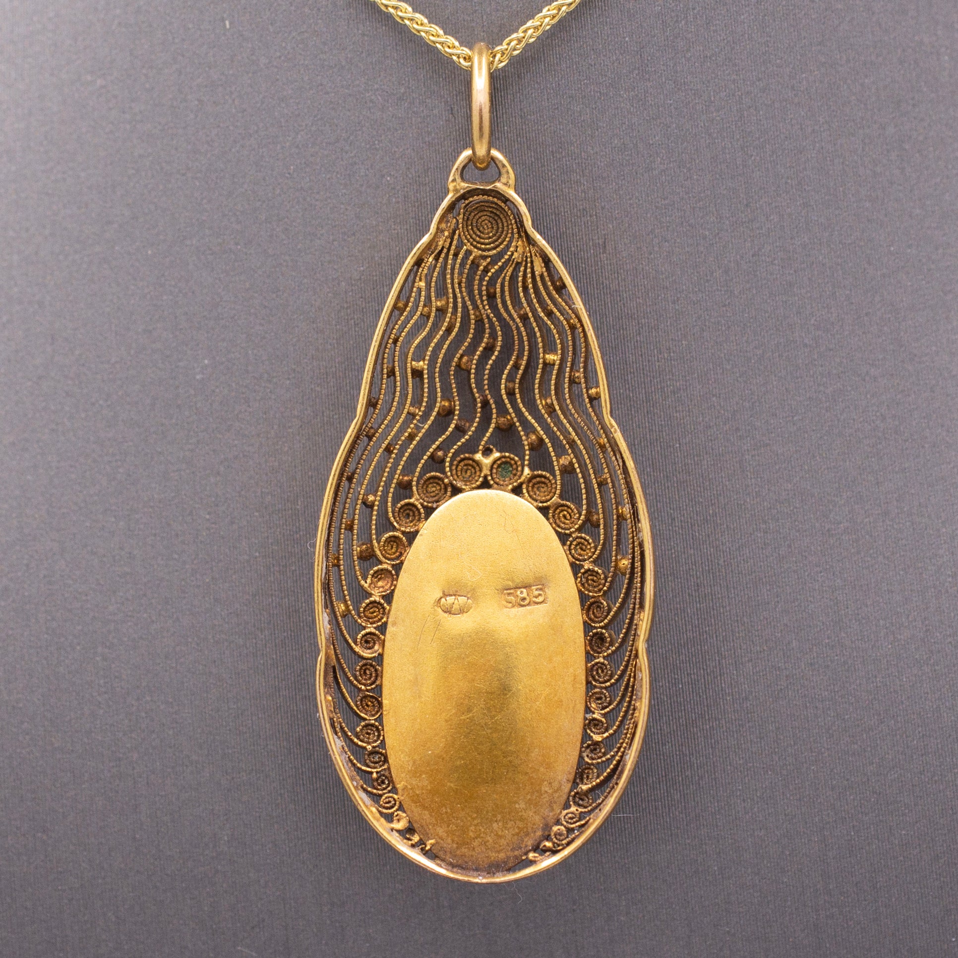 Antique Art Nouveau Lightning Ridge Black Opal Pendant Necklace in 14k Yellow Gold