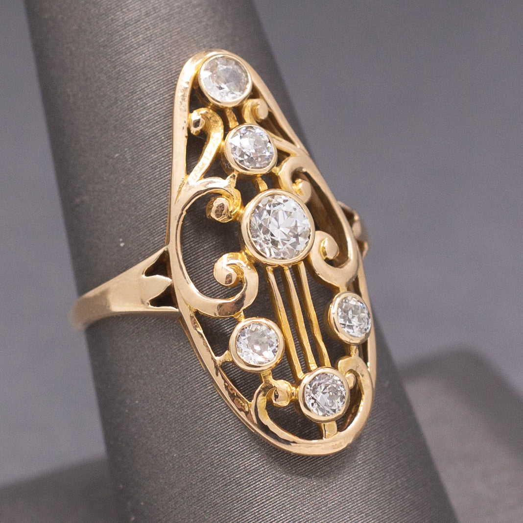 Art Nouveau Old European Cut Diamond Cluster Ring in 14k Yellow Gold