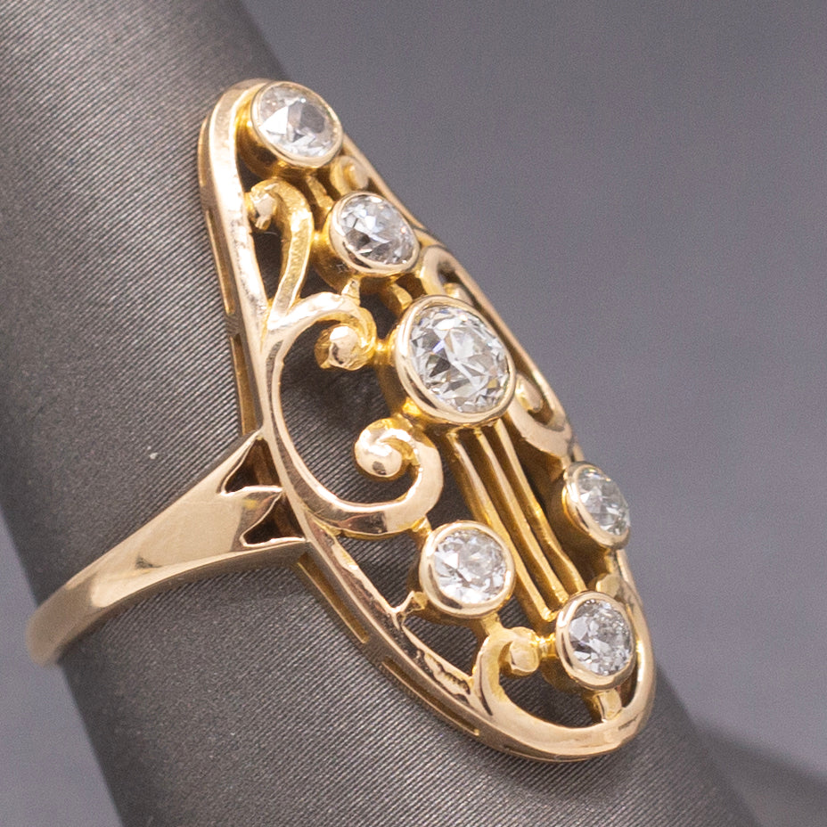 Art Nouveau Old European Cut Diamond Cluster Ring in 14k Yellow Gold
