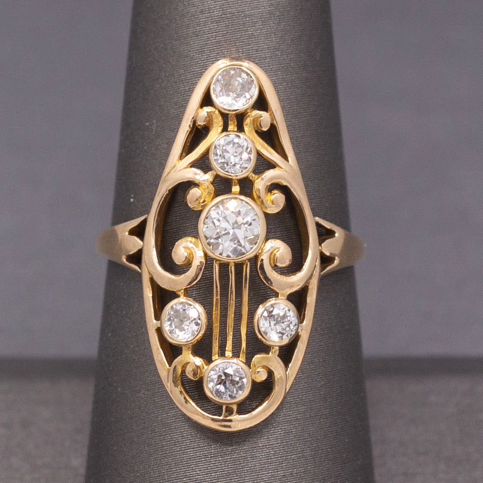 Art Nouveau Old European Cut Diamond Cluster Ring in 14k Yellow Gold