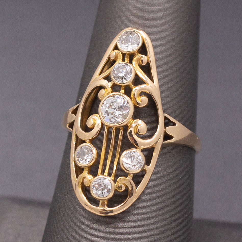 Art Nouveau Old European Cut Diamond Cluster Ring in 14k Yellow Gold