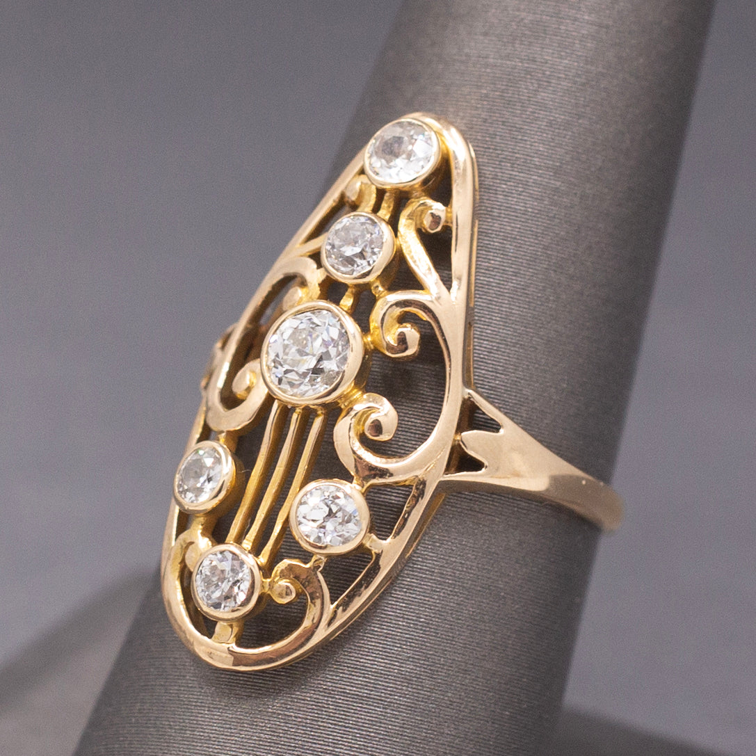 Art Nouveau Old European Cut Diamond Cluster Ring in 14k Yellow Gold
