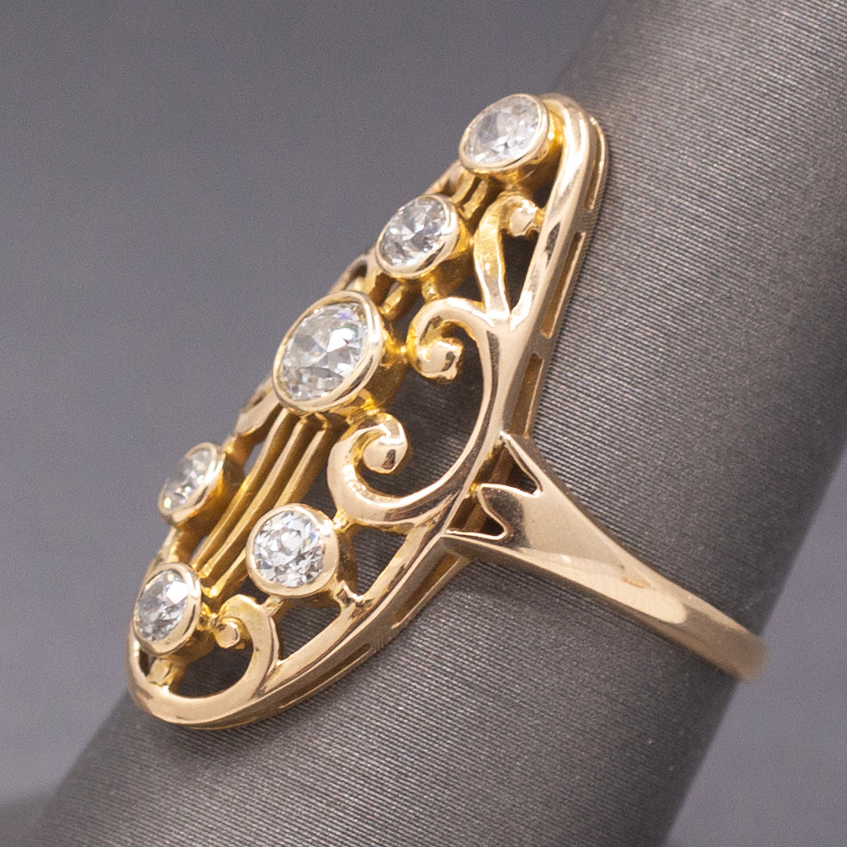 Art Nouveau Old European Cut Diamond Cluster Ring in 14k Yellow Gold