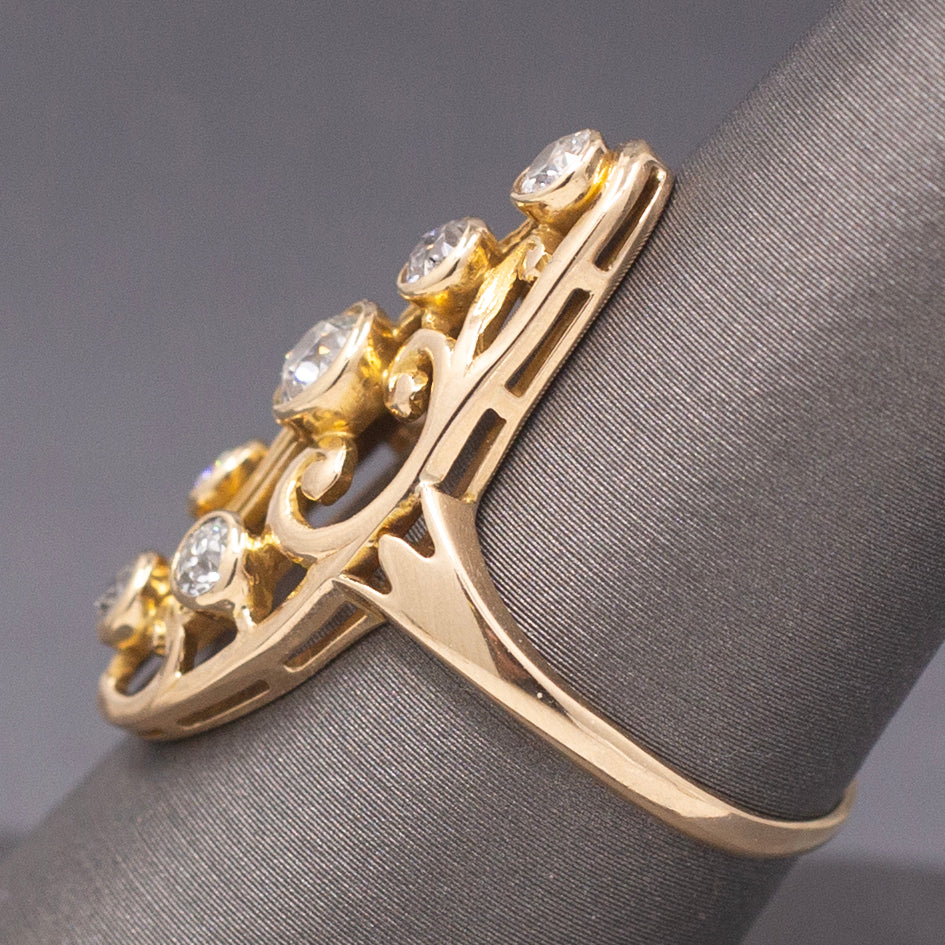 Art Nouveau Old European Cut Diamond Cluster Ring in 14k Yellow Gold