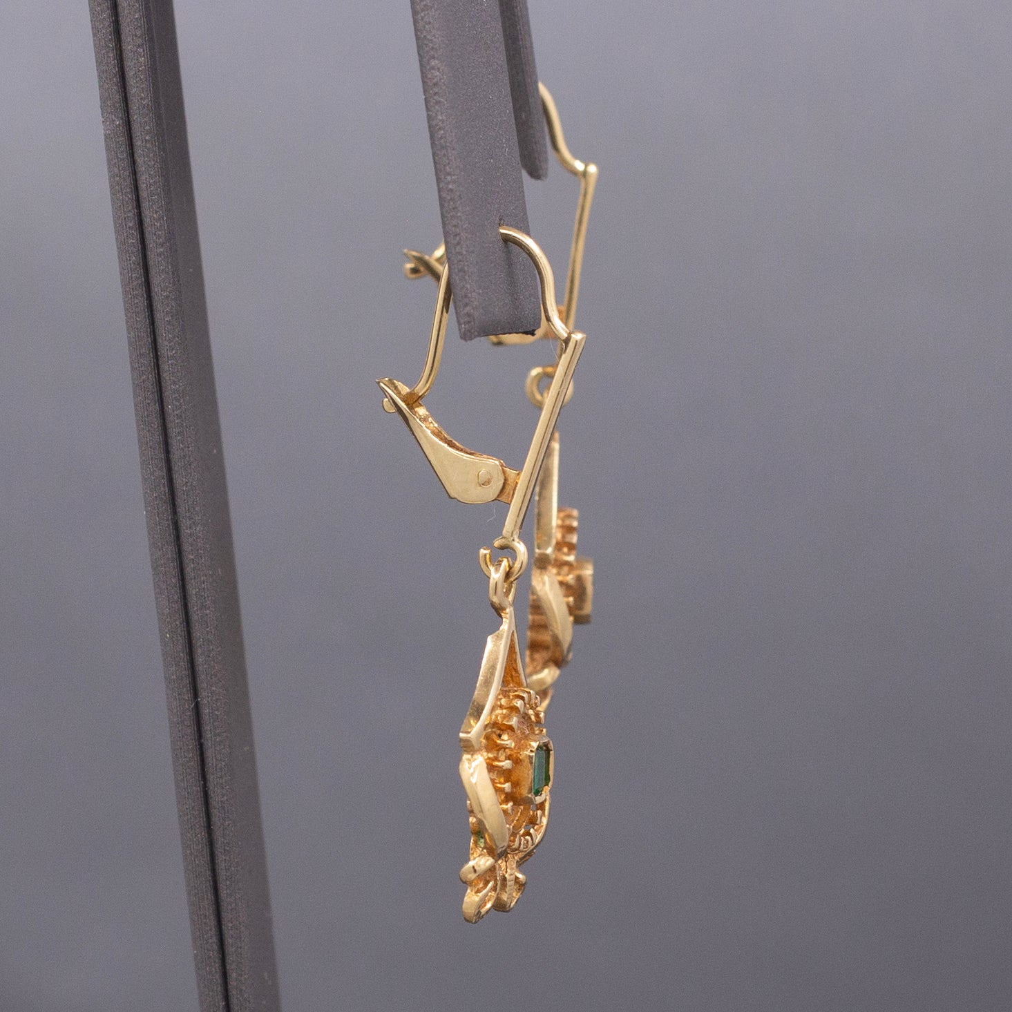 Feminine Bezel Set Emerald Dangle Drop Earrings in 18k Yellow Gold