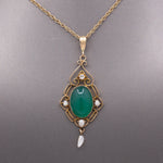 Edwardian Antique Chrysoprase Pearl and Diamond Lavalier Necklace in 14k Yellow Gold