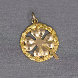 Antique Victorian Four Leaf Clover and Gold Nugget Circle Charm in 10k Yellow Gold