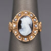 Antique Victorian Mourning Cameo Ring with Pearl Border and Fleur d'Lis in 14k Rose Gold