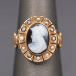 Antique Victorian Mourning Cameo Ring with Pearl Border and Fleur d'Lis in 14k Rose Gold