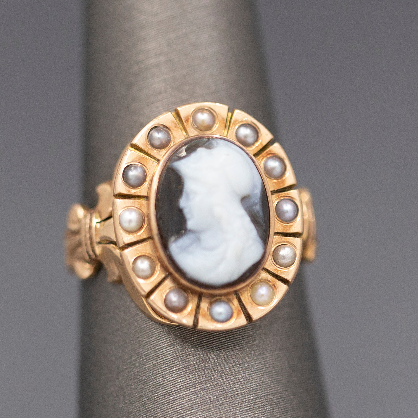 Antique Victorian Mourning Cameo Ring with Pearl Border and Fleur d'Lis in 14k Rose Gold