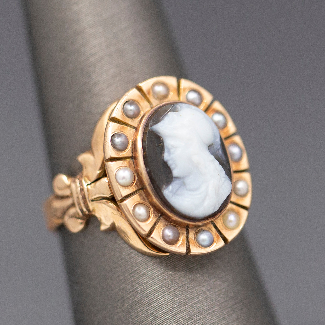 Antique Victorian Mourning Cameo Ring with Pearl Border and Fleur d'Lis in 14k Rose Gold