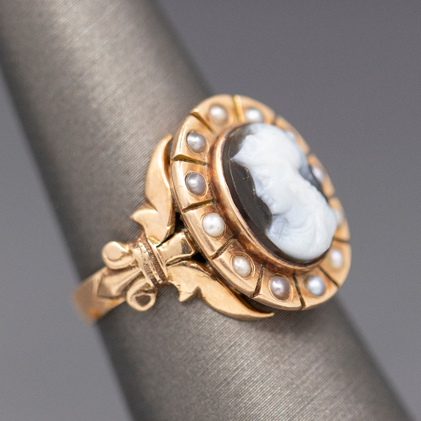 Antique Victorian Mourning Cameo Ring with Pearl Border and Fleur d'Lis in 14k Rose Gold
