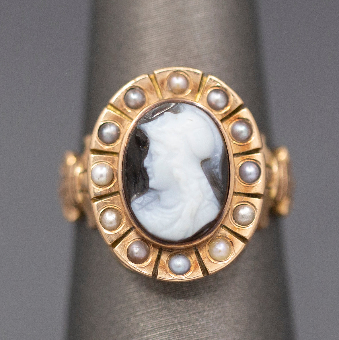 Antique Victorian Mourning Cameo Ring with Pearl Border and Fleur d'Lis in 14k Rose Gold
