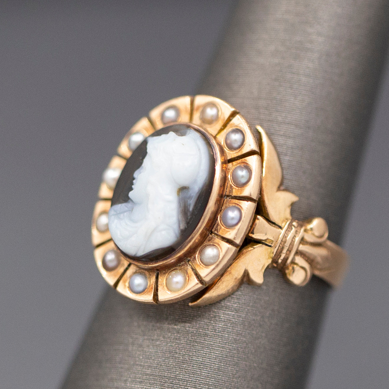Antique Victorian Mourning Cameo Ring with Pearl Border and Fleur d'Lis in 14k Rose Gold