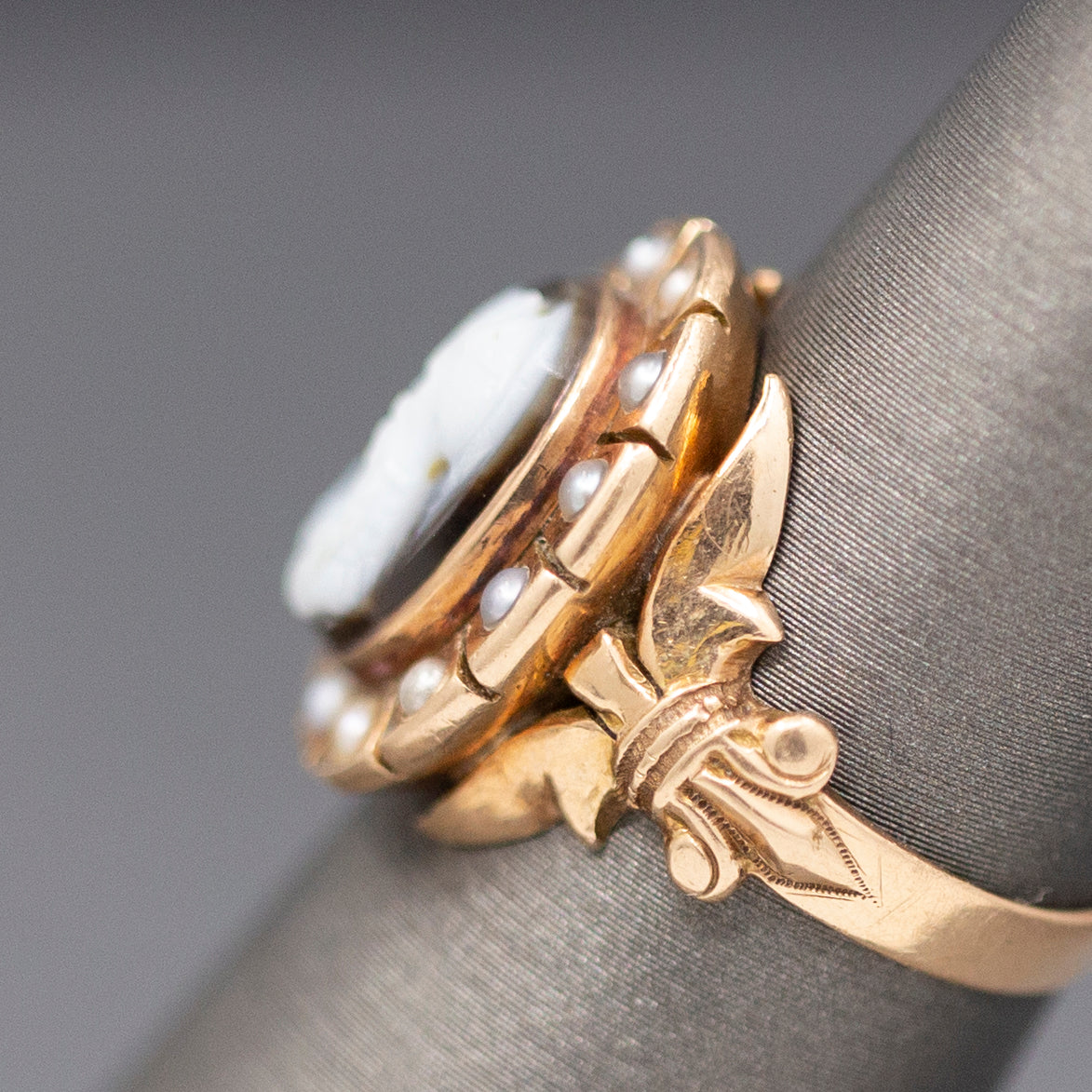 Antique Victorian Mourning Cameo Ring with Pearl Border and Fleur d'Lis in 14k Rose Gold