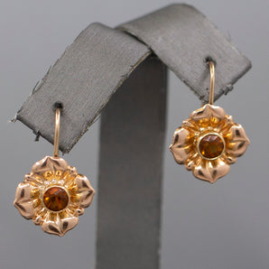  Lovely Retro Madeira Citrine Bezel Set Floral Drop Earrings in 14k Rose Gold