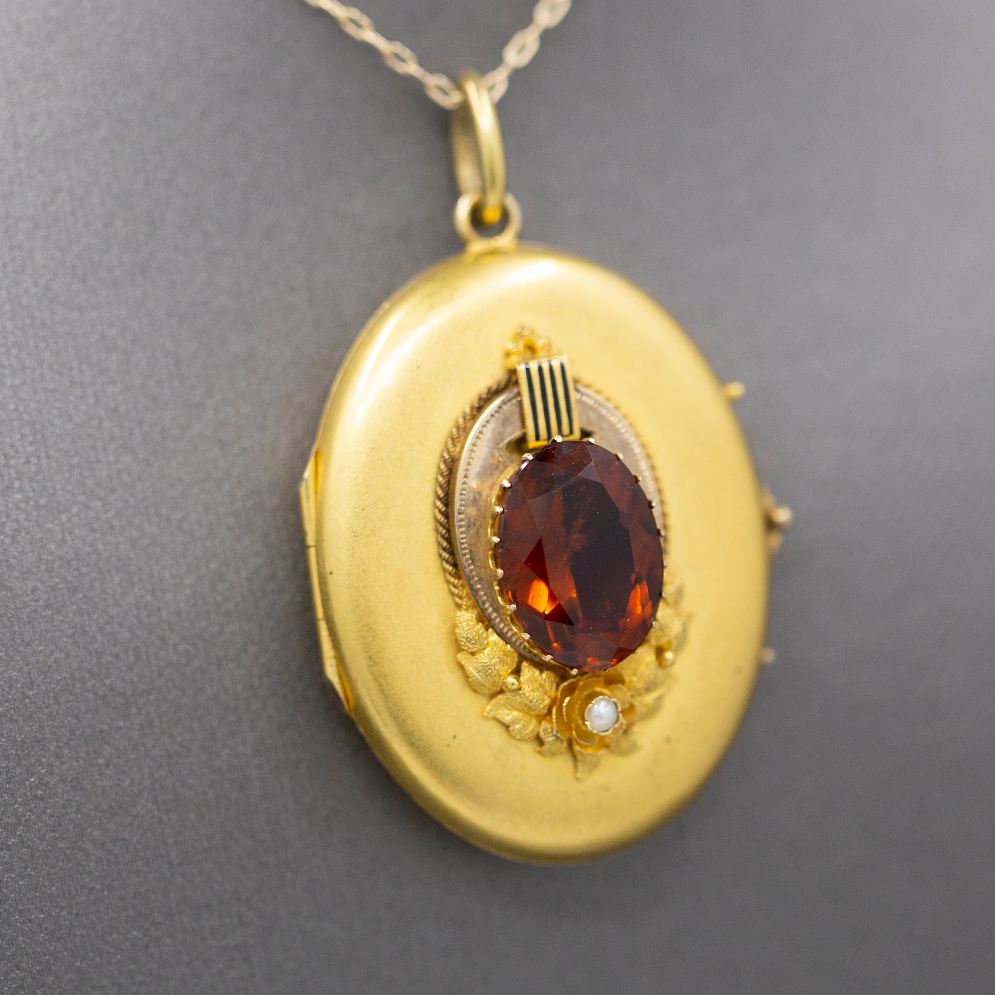 Exquisite Art Nouveau Madeira Citrine and Seed Pearl Large Locket in 14k Yellow Gold