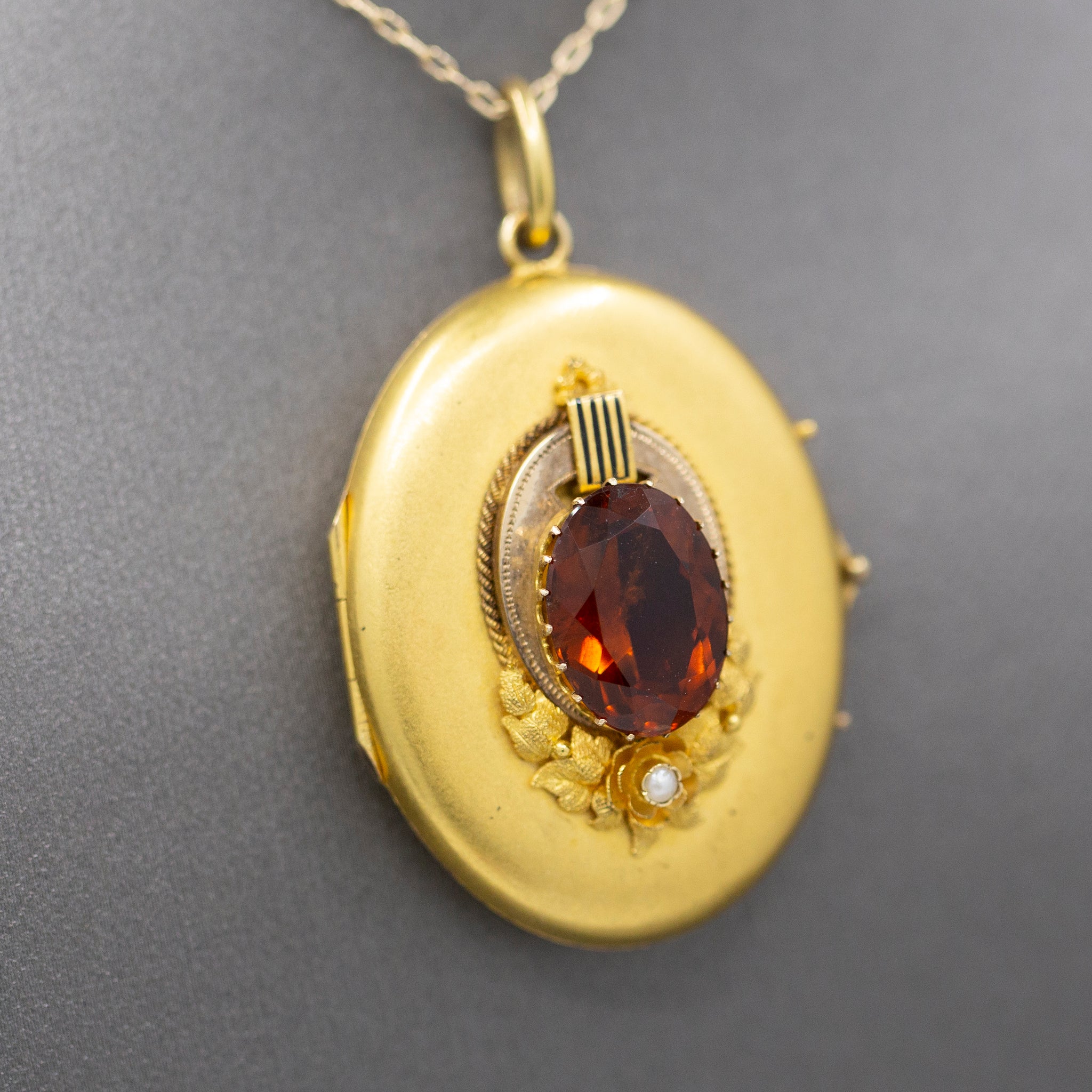 Exquisite Art Nouveau Madeira Citrine and Seed Pearl Large Locket in 14k Yellow Gold