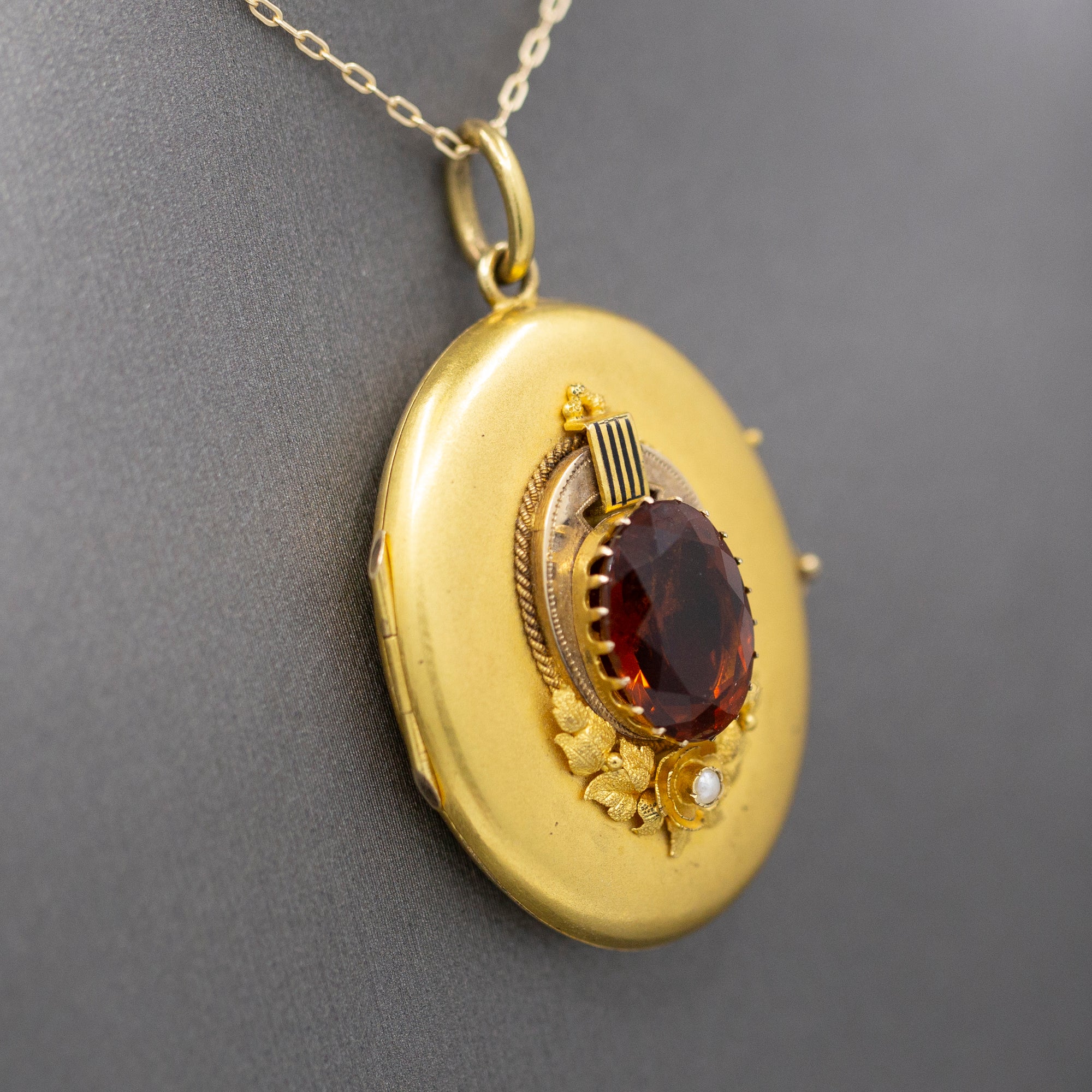 Exquisite Art Nouveau Madeira Citrine and Seed Pearl Large Locket in 14k Yellow Gold
