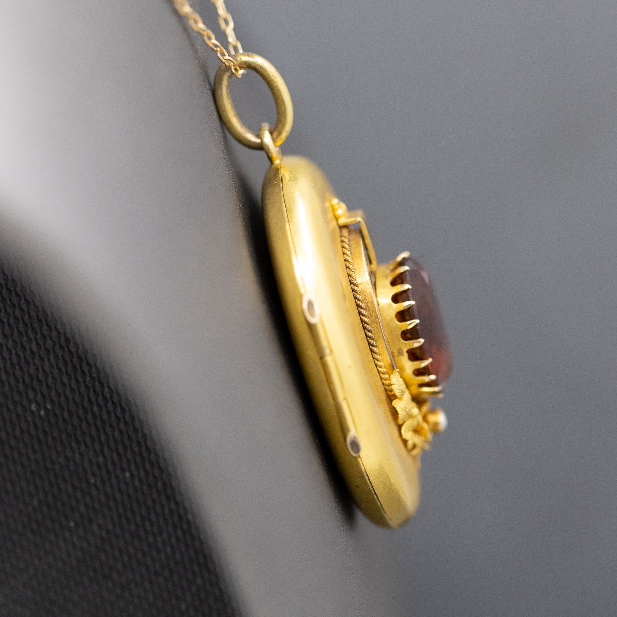 Exquisite Art Nouveau Madeira Citrine and Seed Pearl Large Locket in 14k Yellow Gold