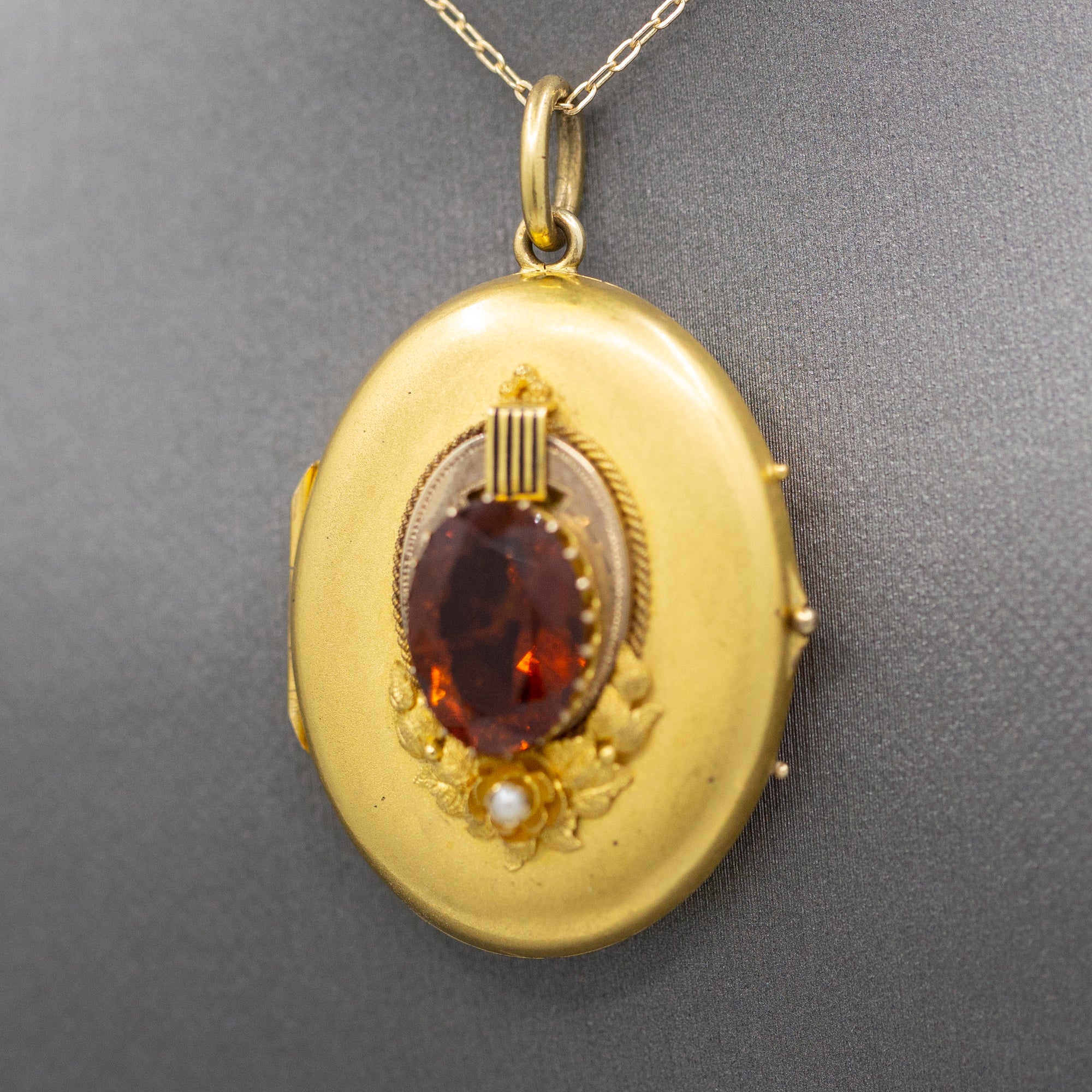 Exquisite Art Nouveau Madeira Citrine and Seed Pearl Large Locket in 14k Yellow Gold
