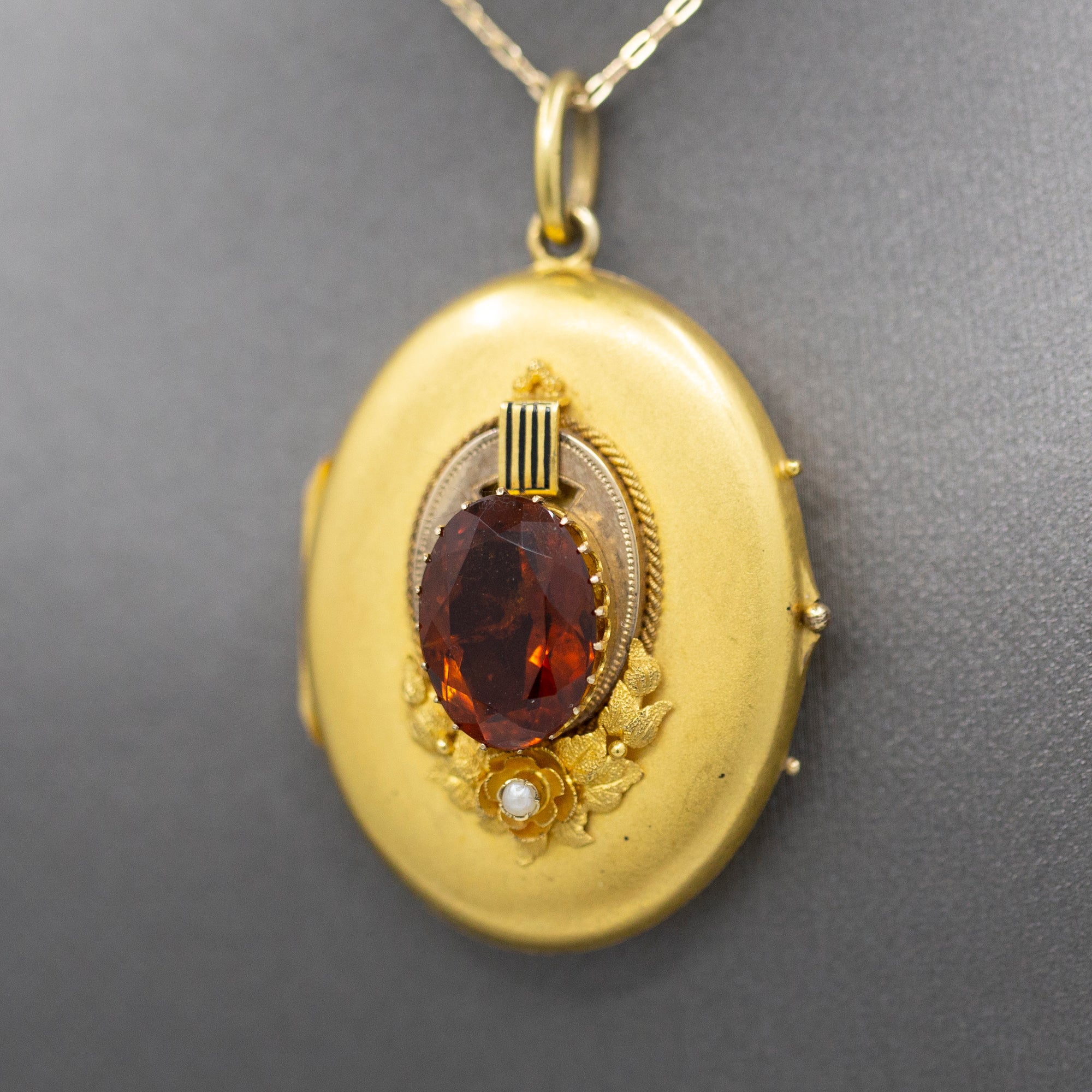 Exquisite Art Nouveau Madeira Citrine and Seed Pearl Large Locket in 14k Yellow Gold