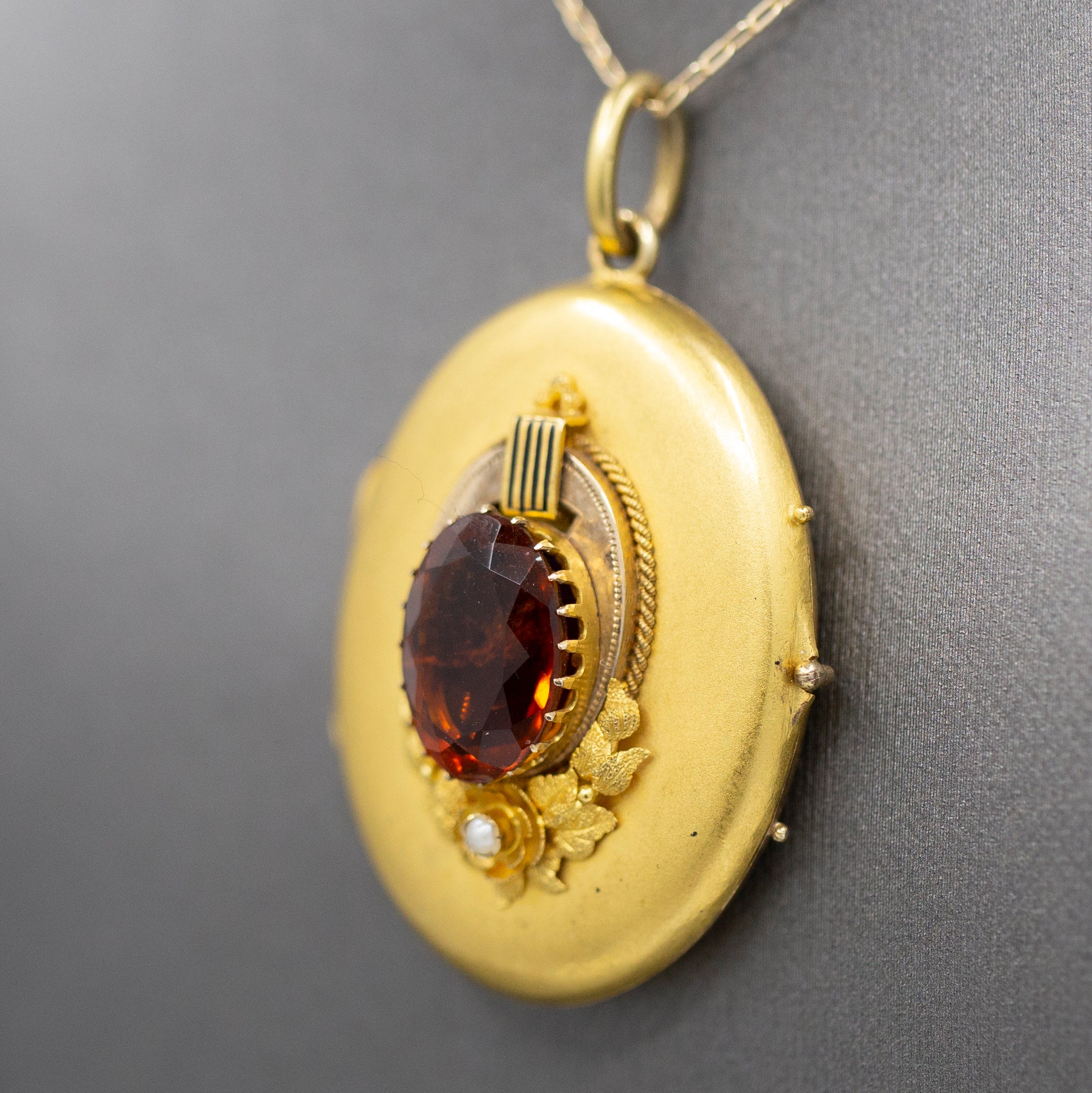Exquisite Art Nouveau Madeira Citrine and Seed Pearl Large Locket in 14k Yellow Gold