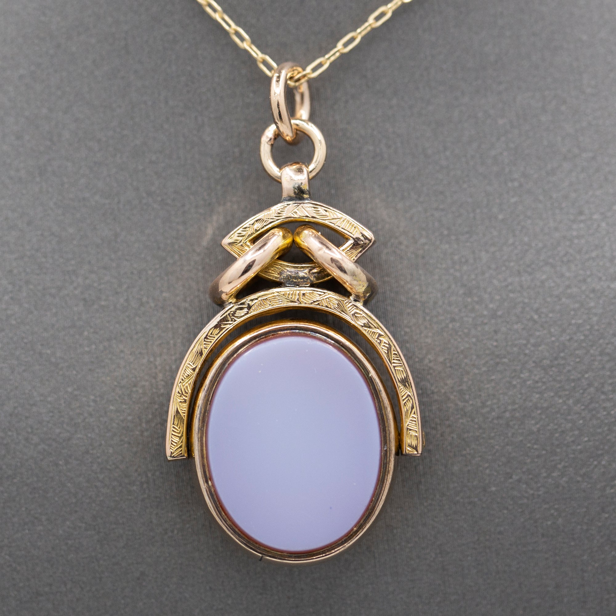 Antique Victorian Spinning Oval Bloodstone and Onyx Fob Pendant in 10k Yellow Gold