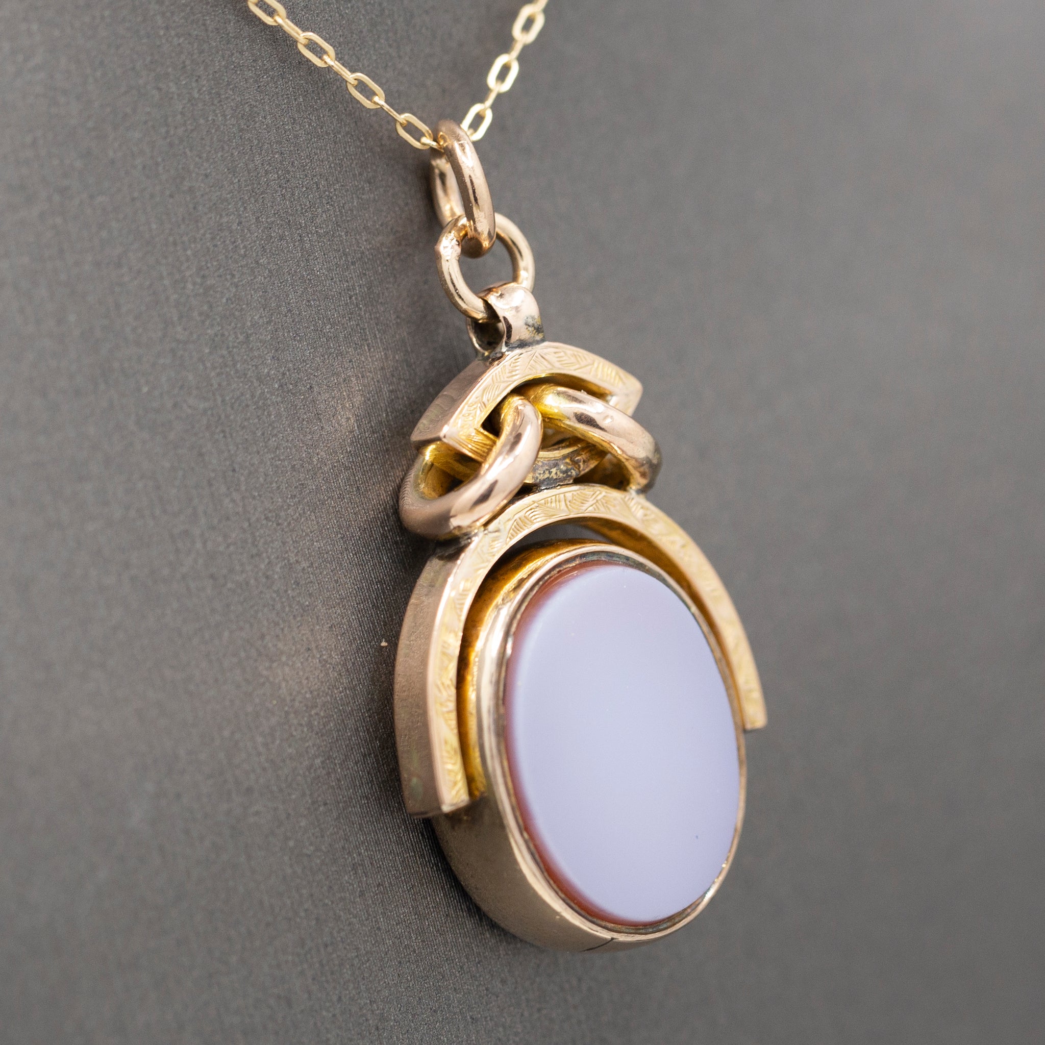 Antique Victorian Spinning Oval Bloodstone and Onyx Fob Pendant in 10k Yellow Gold