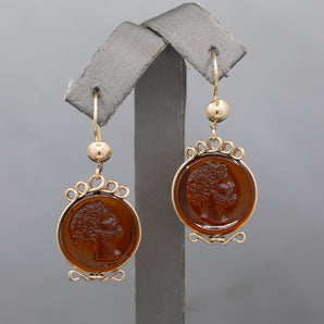 Late Victorian Glass Cameo Dangle Earrings in 14k Yellow Gold