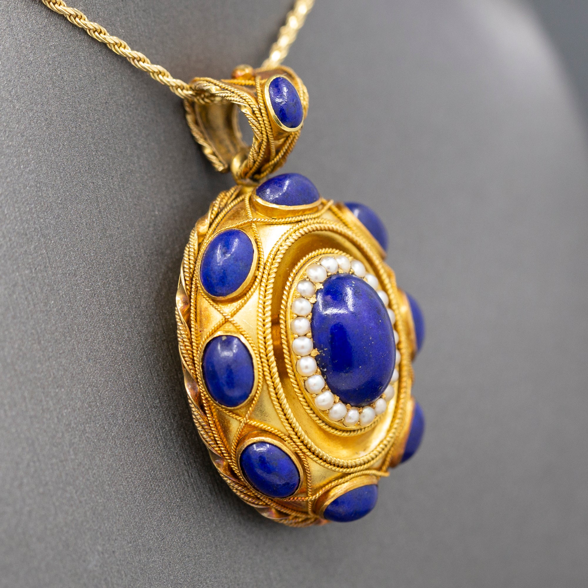 Exquisite Antique Etruscan Revival Lapis and Pearl Locket Pendant in 18k Yellow Gold