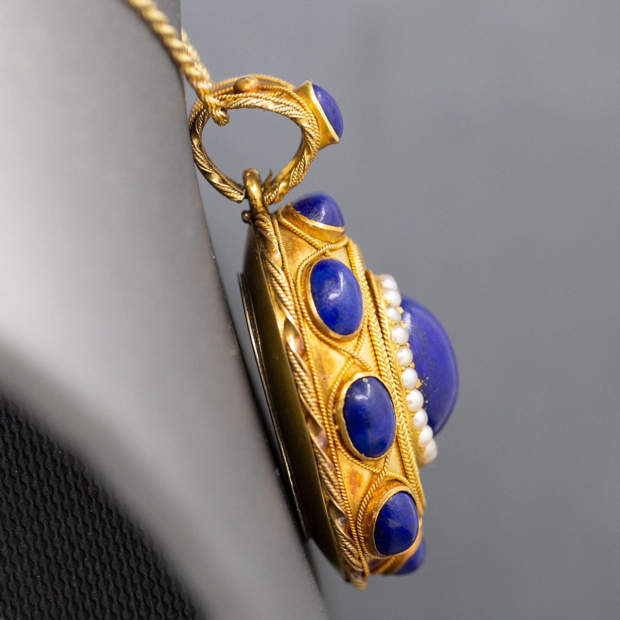 Exquisite Antique Etruscan Revival Lapis and Pearl Locket Pendant in 18k Yellow Gold