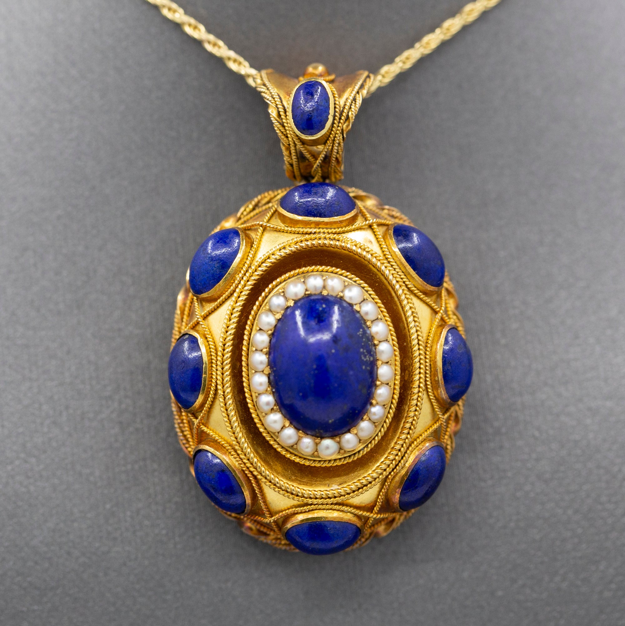 Exquisite Antique Etruscan Revival Lapis and Pearl Locket Pendant in 18k Yellow Gold