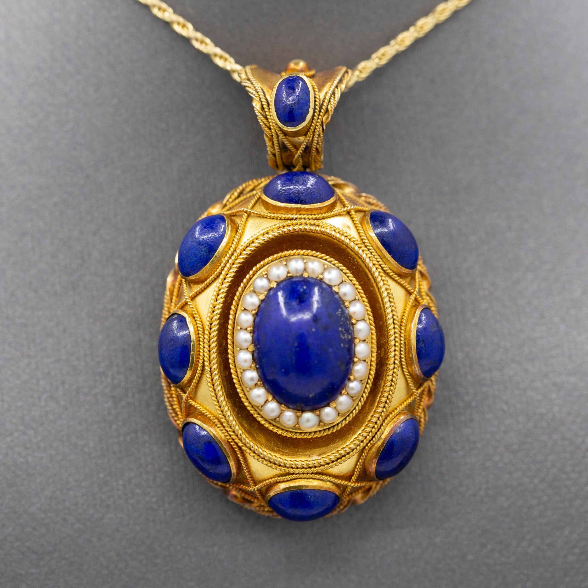 Exquisite Antique Etruscan Revival Lapis and Pearl Locket Pendant in 18k Yellow Gold