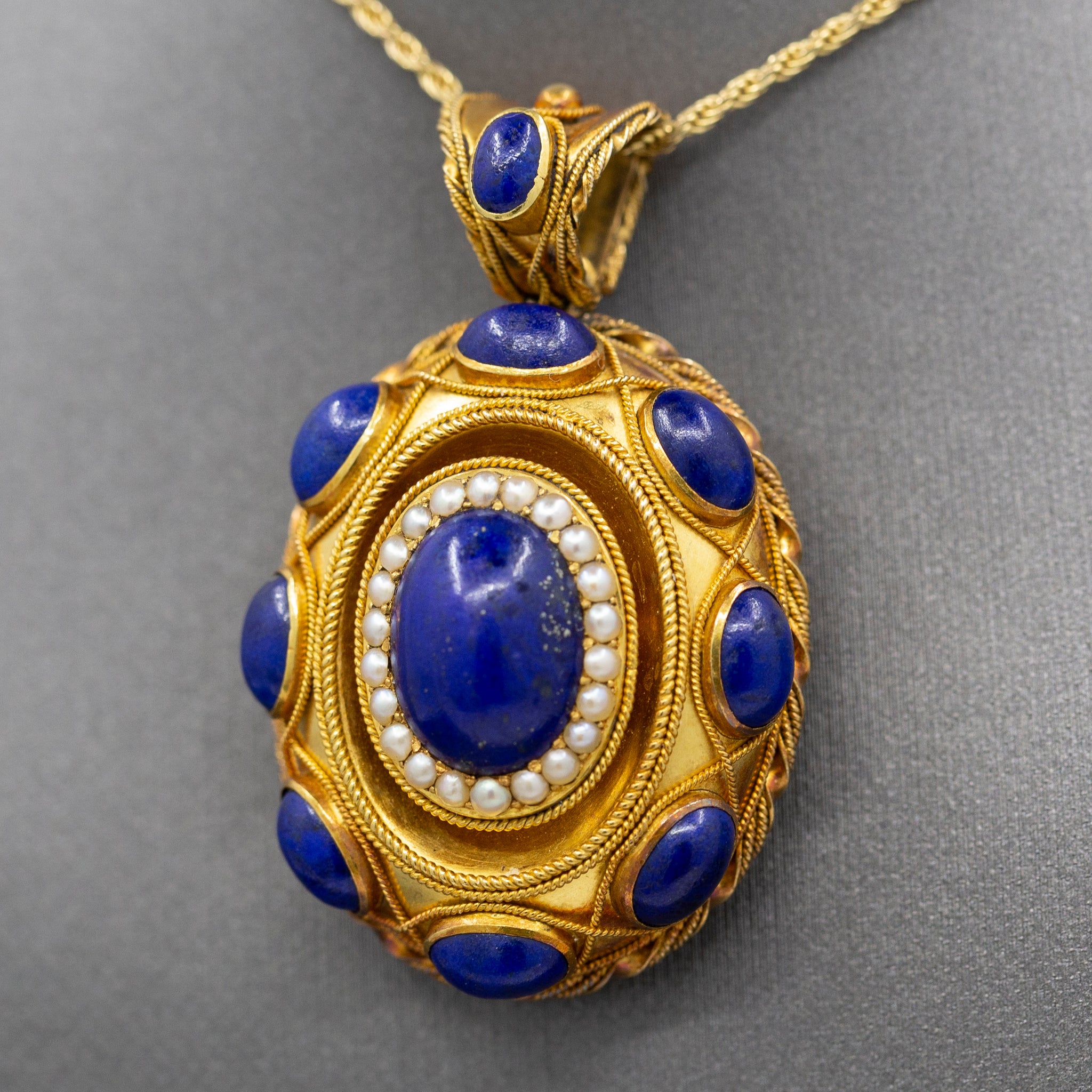 Exquisite Antique Etruscan Revival Lapis and Pearl Locket Pendant in 18k Yellow Gold