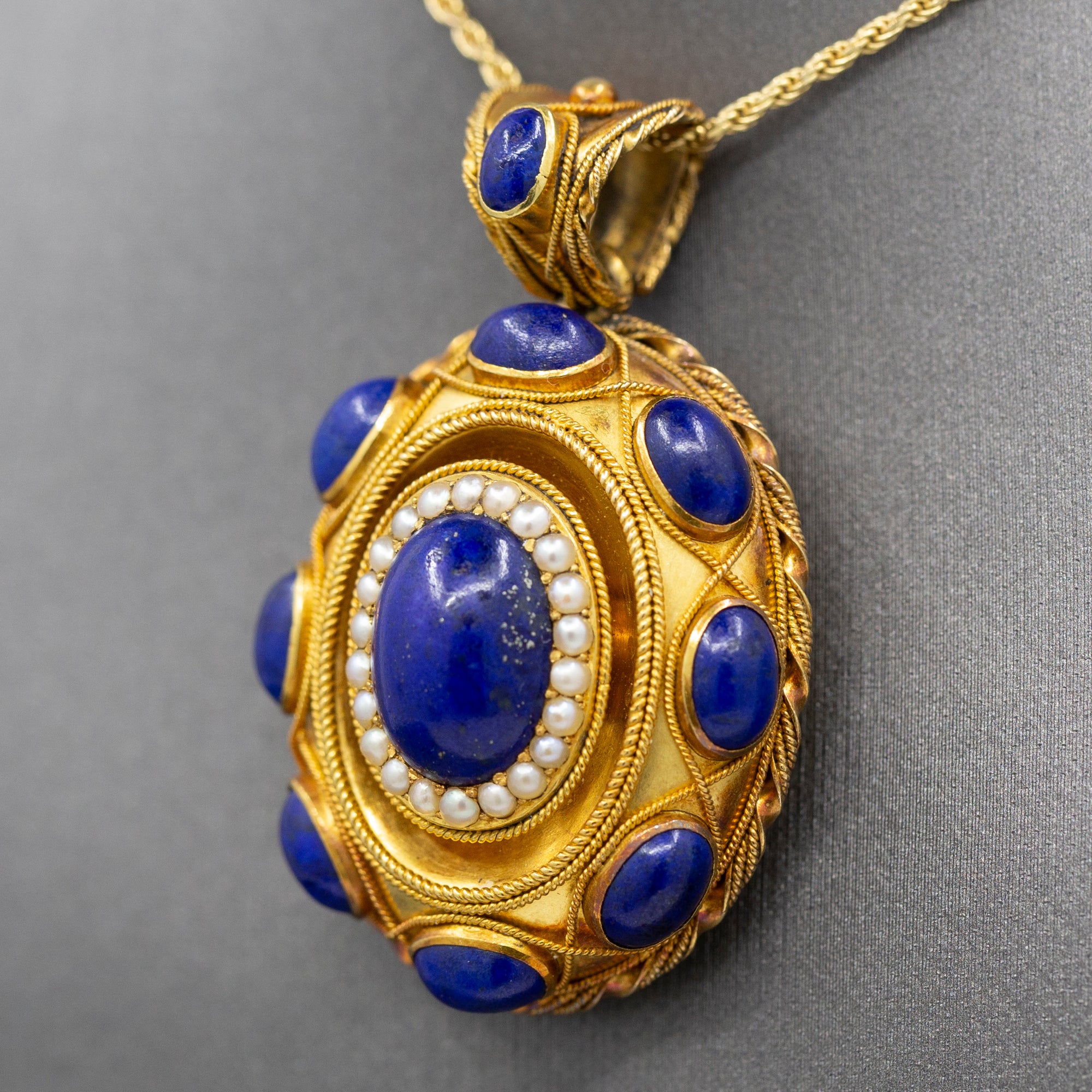 Exquisite Antique Etruscan Revival Lapis and Pearl Locket Pendant in 18k Yellow Gold