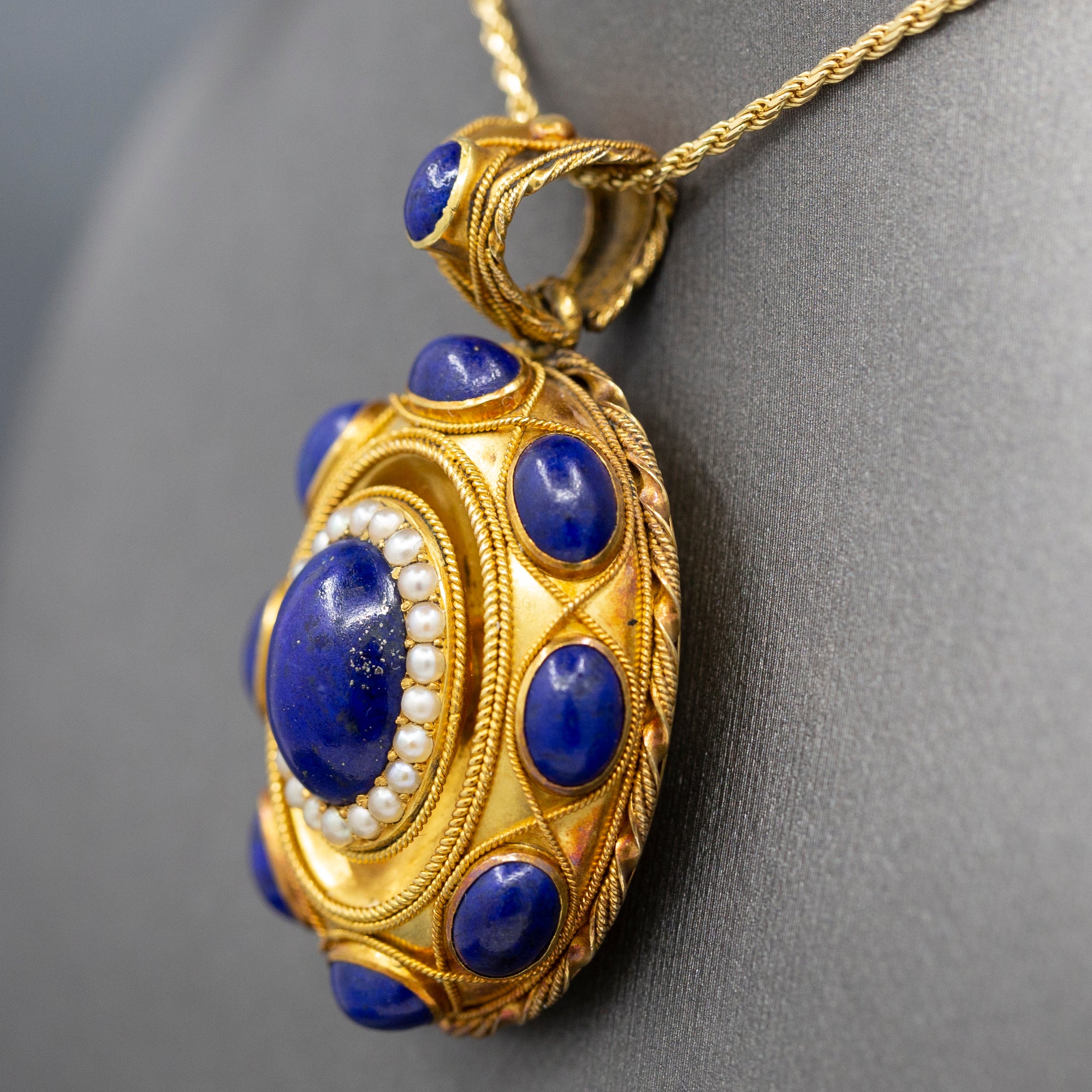 Exquisite Antique Etruscan Revival Lapis and Pearl Locket Pendant in 18k Yellow Gold