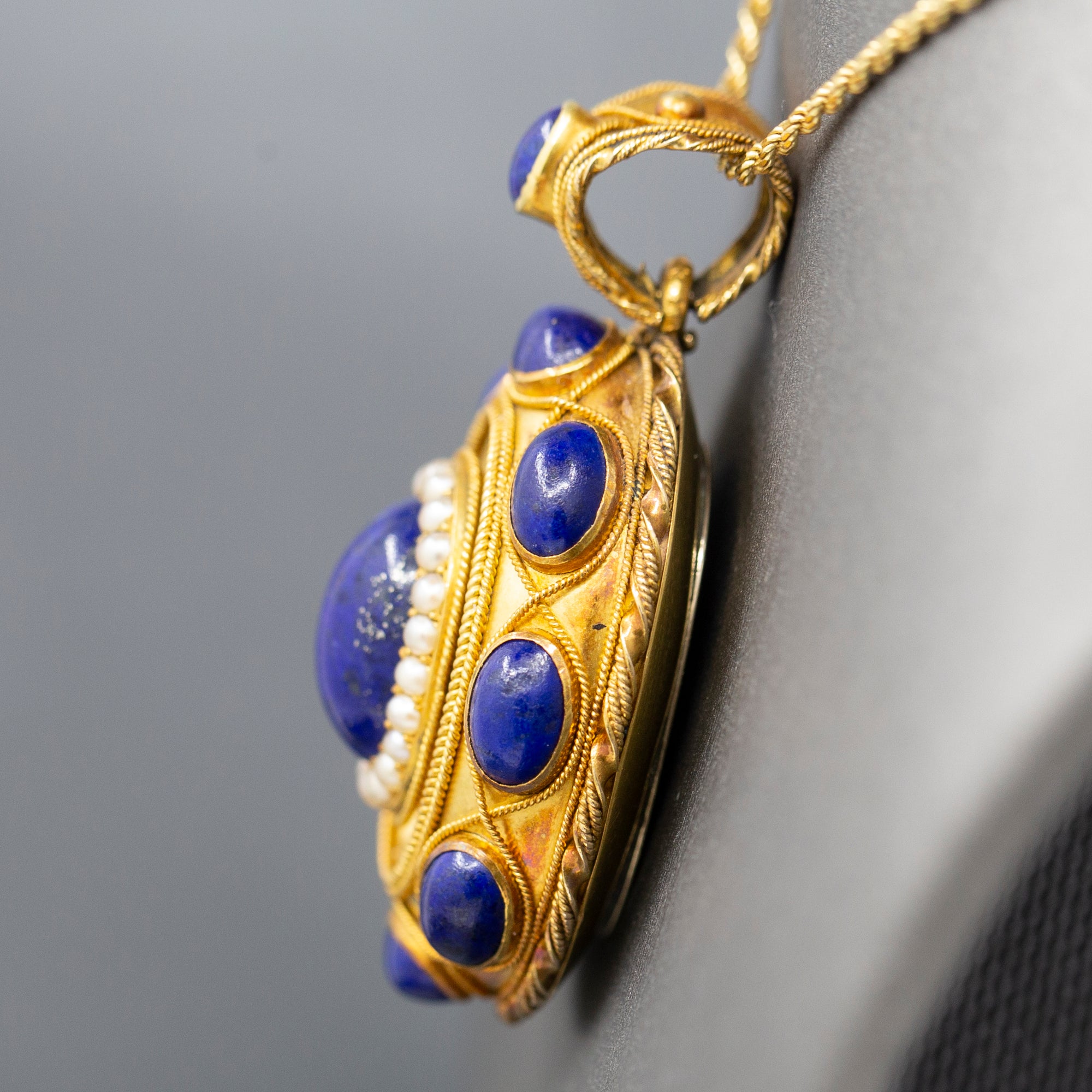 Exquisite Antique Etruscan Revival Lapis and Pearl Locket Pendant in 18k Yellow Gold