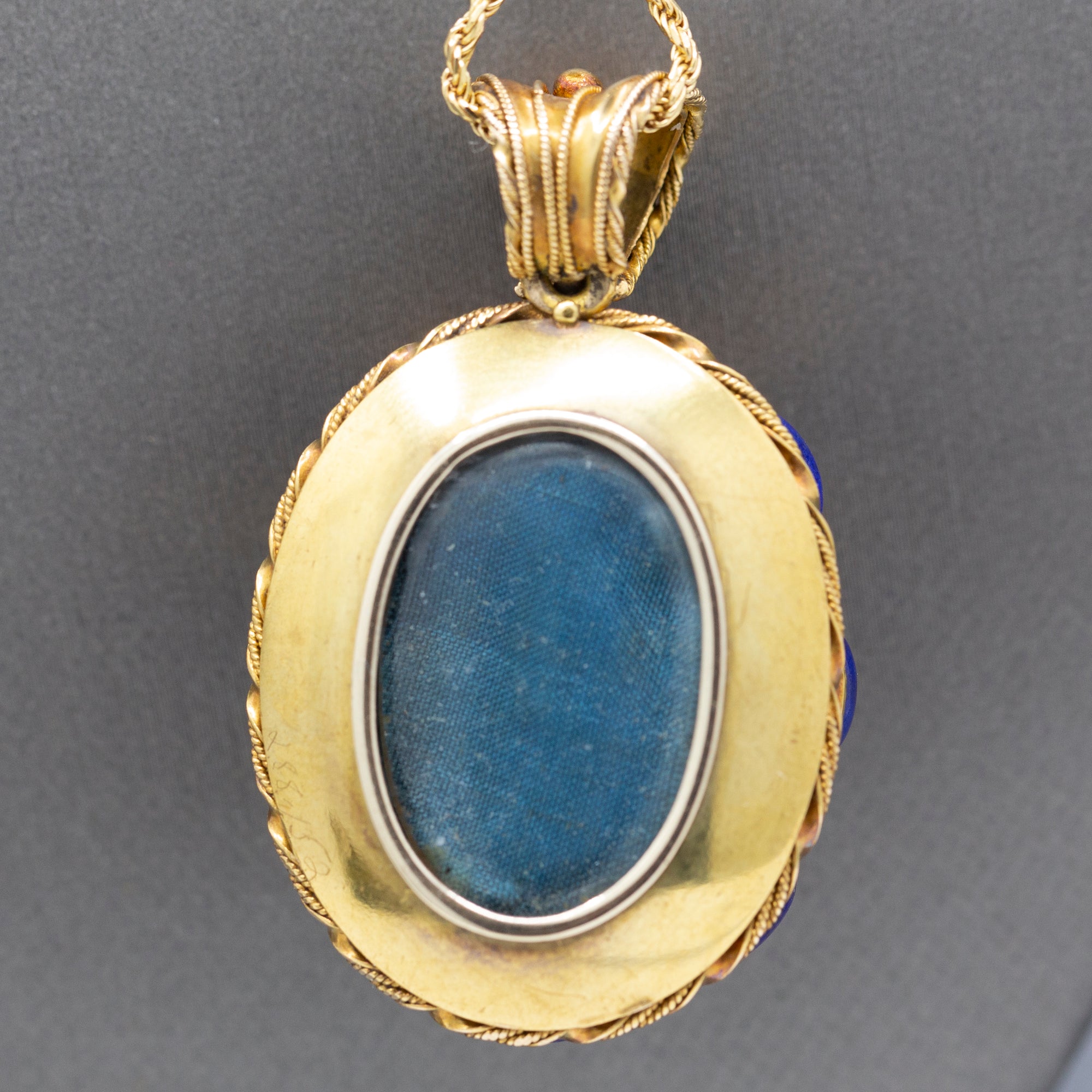 Exquisite Antique Etruscan Revival Lapis and Pearl Locket Pendant in 18k Yellow Gold
