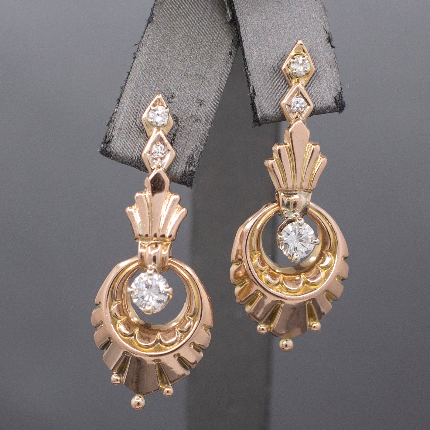 Retro Diamond Dangle Earrings in 14k Rose Gold