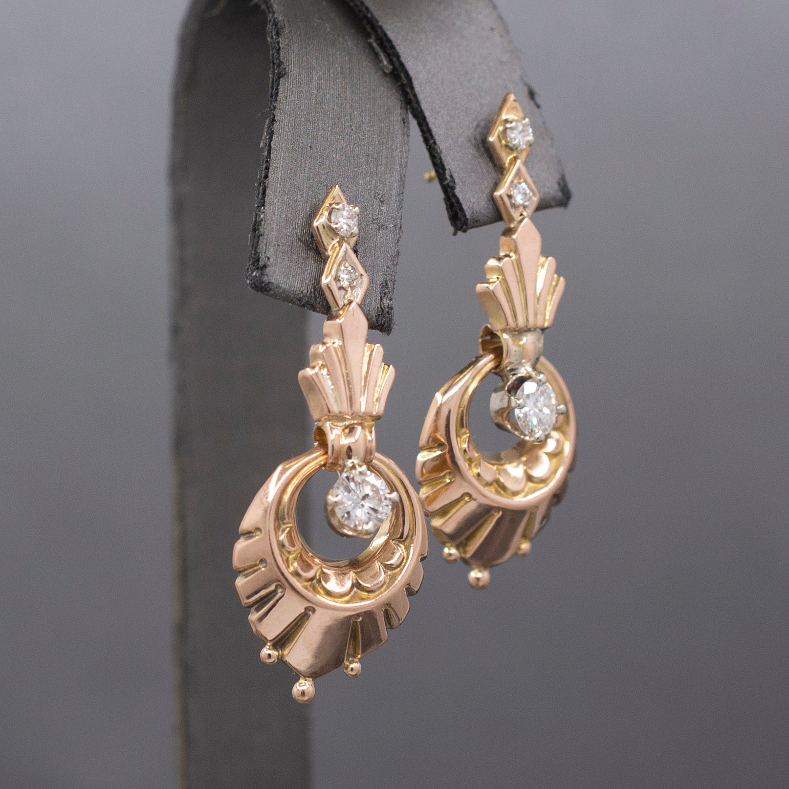 Retro Diamond Dangle Earrings in 14k Rose Gold