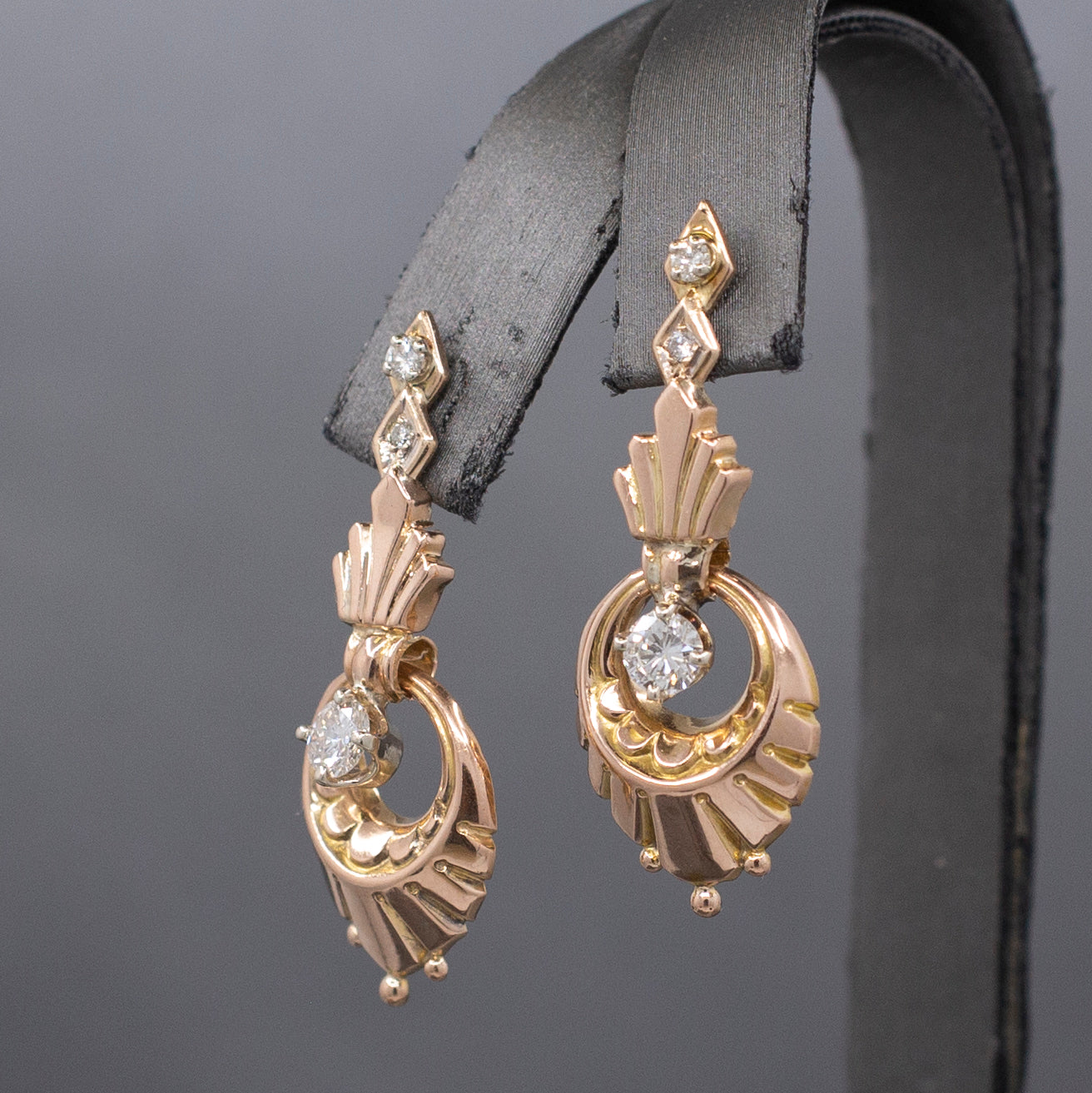 Retro Diamond Dangle Earrings in 14k Rose Gold
