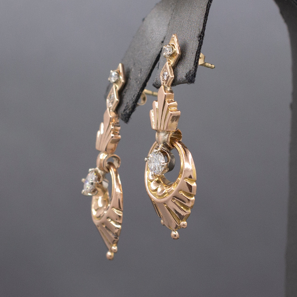 Retro Diamond Dangle Earrings in 14k Rose Gold
