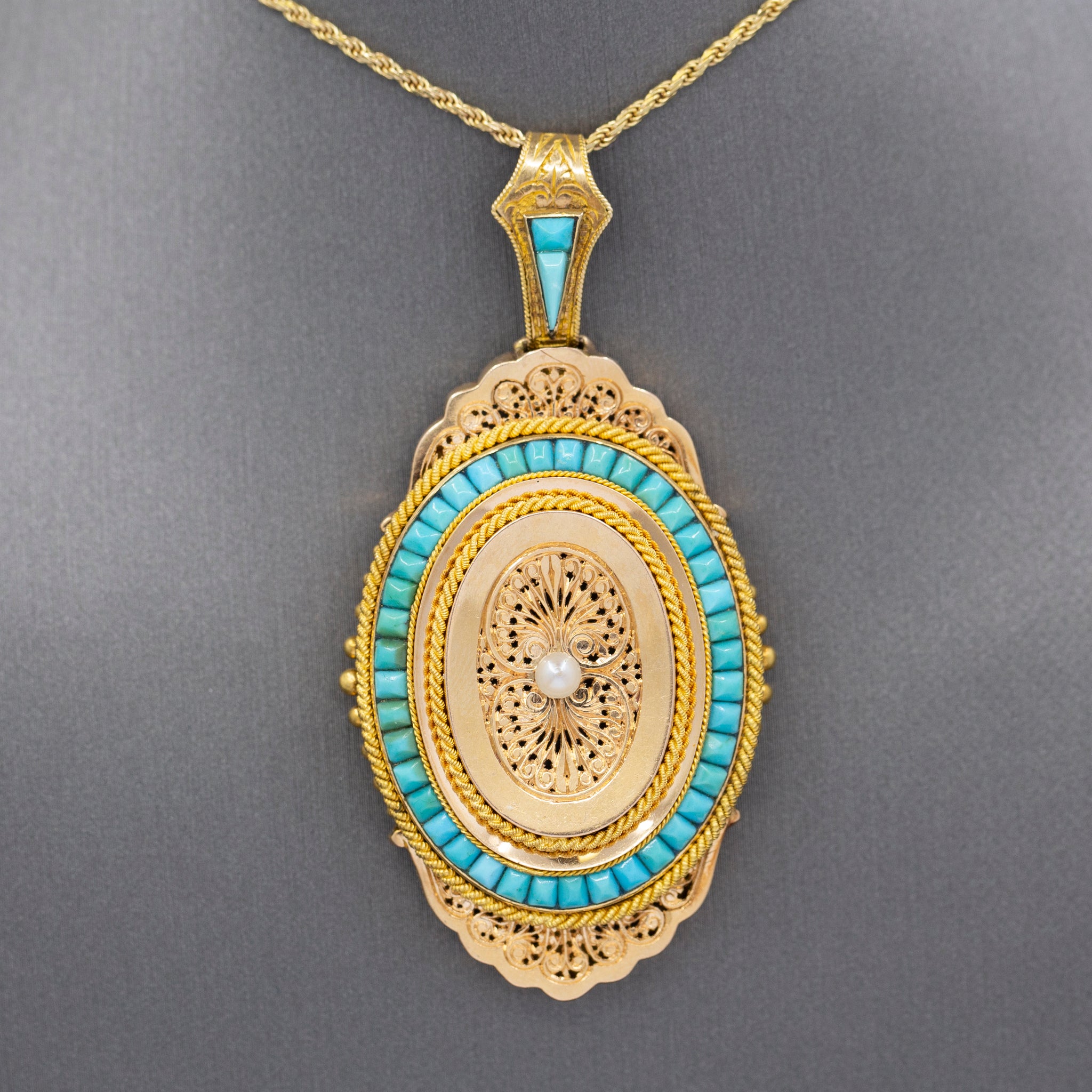 Exquisite French Victorian Picture Locket with Turquoise and Pearl in 18k Yellow Gold