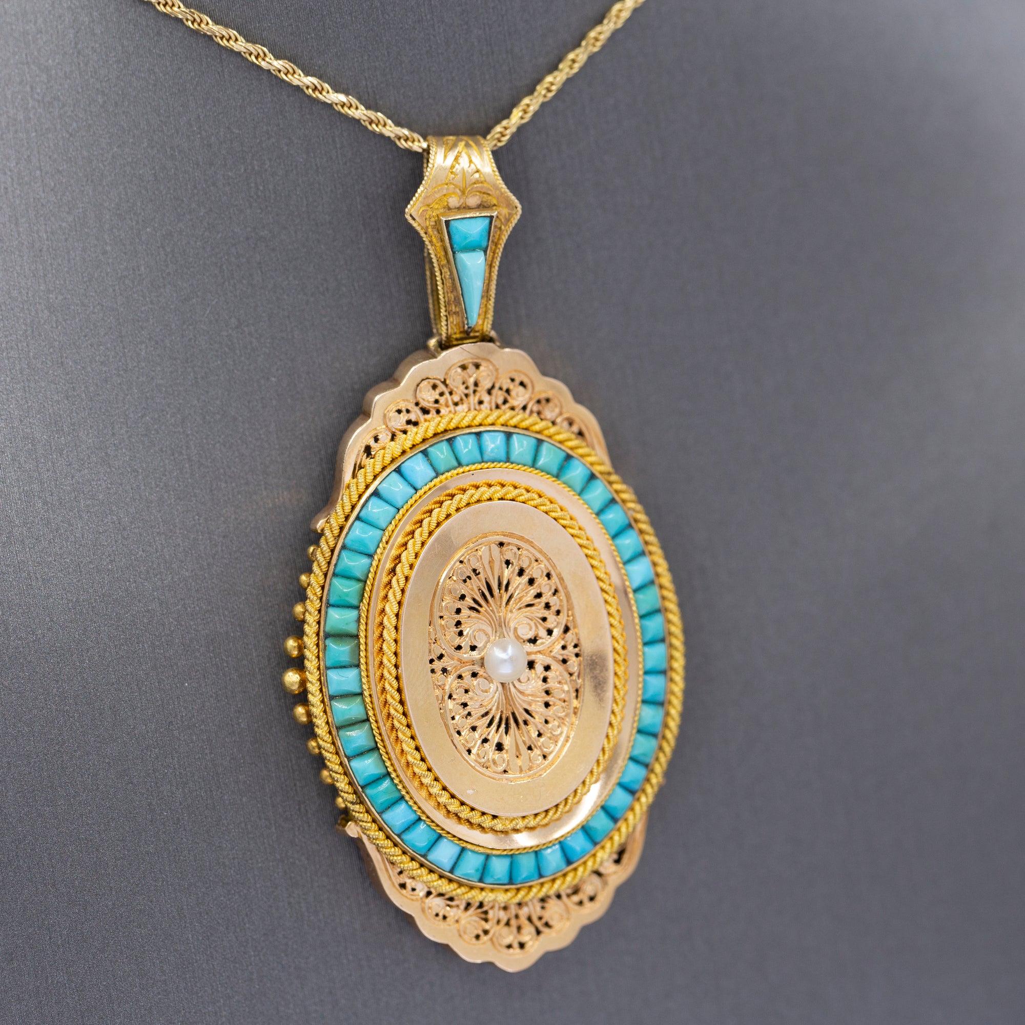 Exquisite French Victorian Picture Locket with Turquoise and Pearl in 18k Yellow Gold