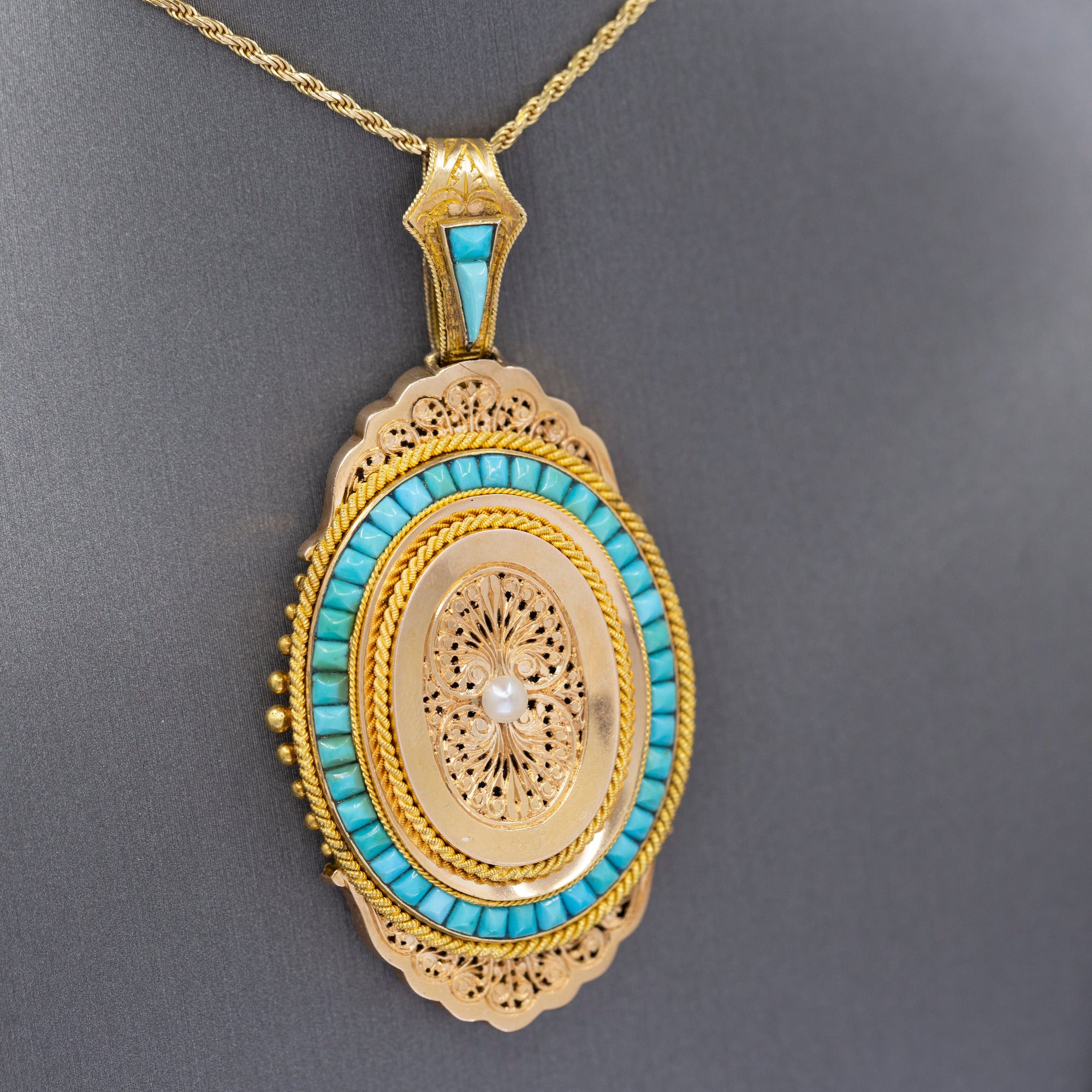 Exquisite French Victorian Picture Locket with Turquoise and Pearl in 18k Yellow Gold