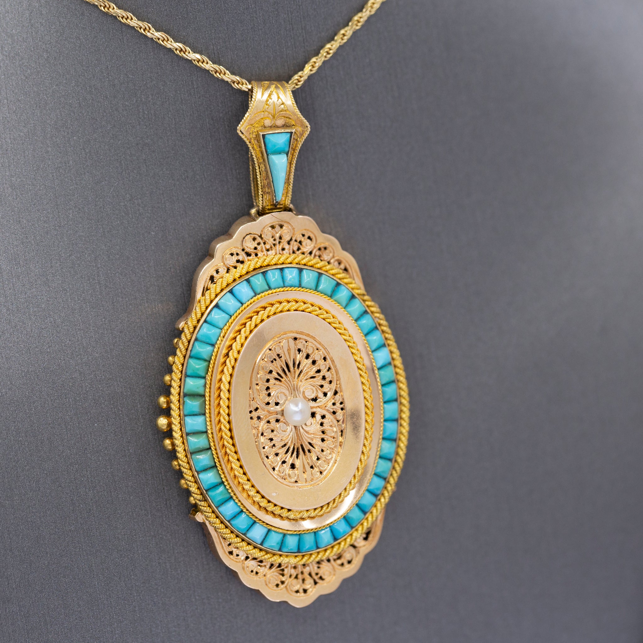 Exquisite French Victorian Picture Locket with Turquoise and Pearl in 18k Yellow Gold