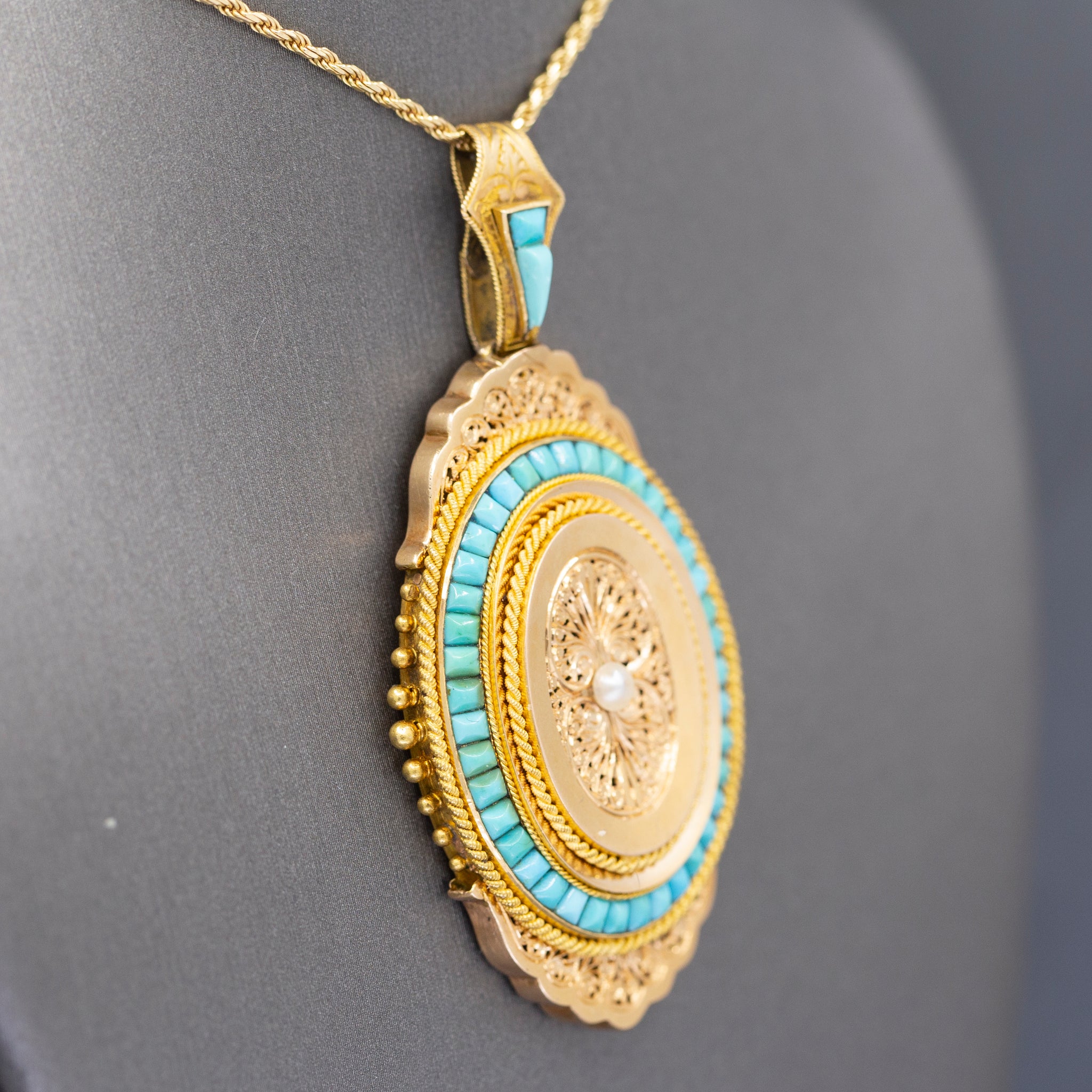 Exquisite French Victorian Picture Locket with Turquoise and Pearl in 18k Yellow Gold