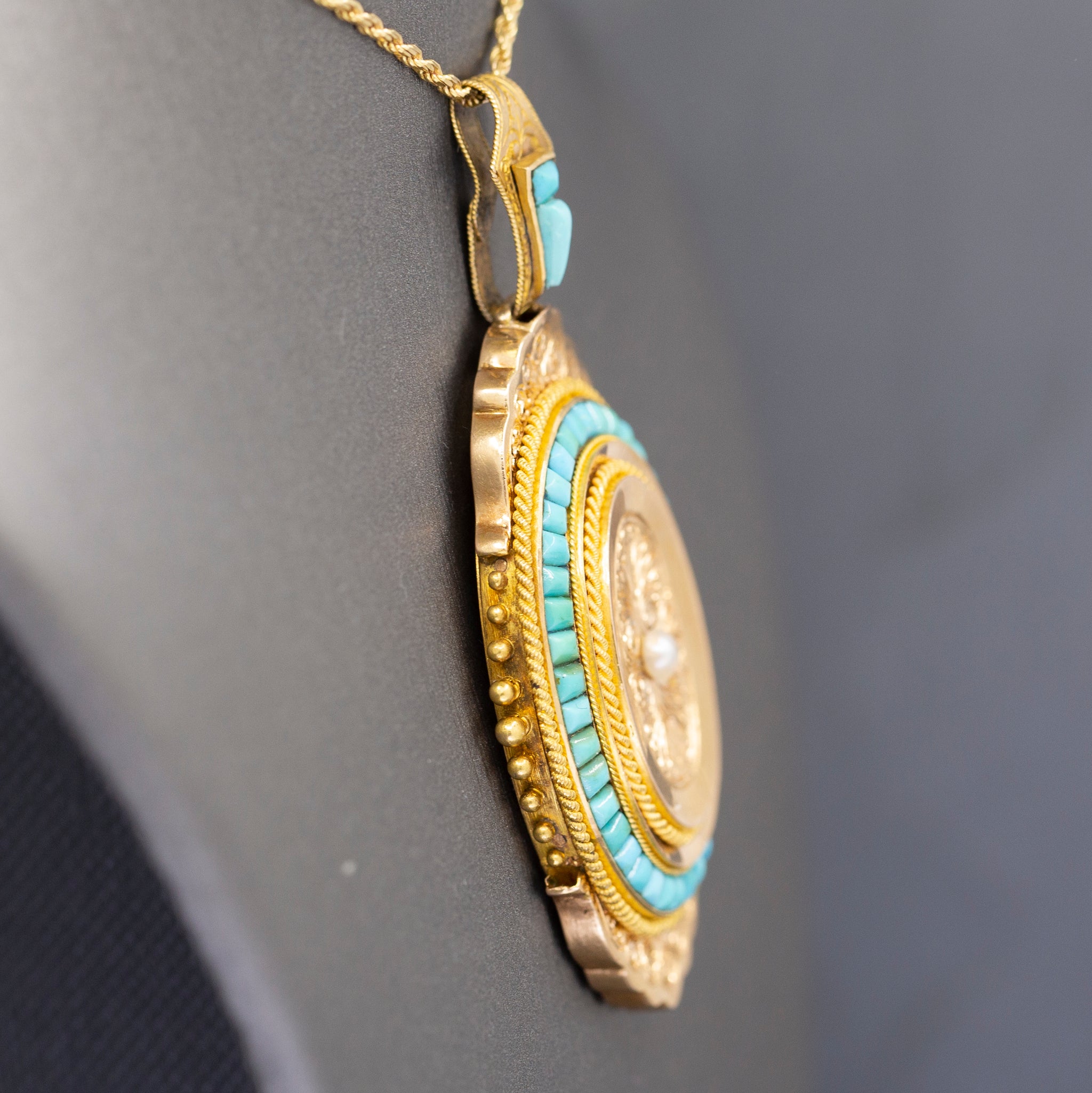 Exquisite French Victorian Picture Locket with Turquoise and Pearl in 18k Yellow Gold